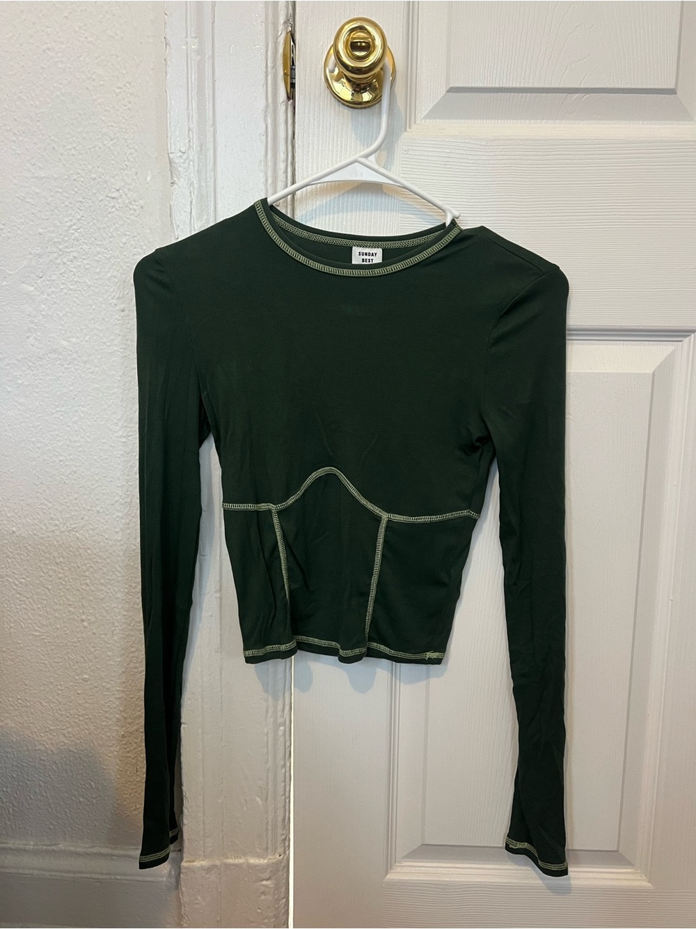 Sunday Best Dark Green Long Sleeve Top with Contrast Stitching